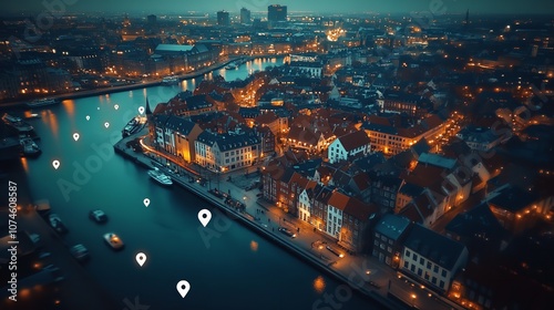 Aerial shot of the Copenhagen skyline at night, with white pins marking buildings and shops, designed to be arranged into a map for digital marketing, featuring floating location pin icons.