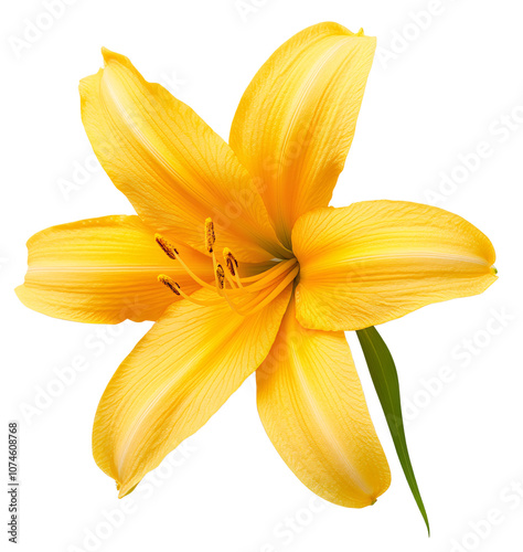 A single yellow lily flower with green leaf.