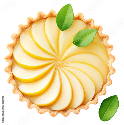 A top view of a delicious pear tart with a flaky crust and fresh leaves.
