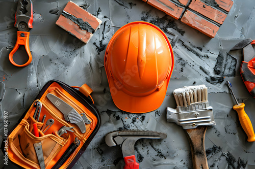 Wallpaper Mural flat lay with orange helmet, tool belt, brick, industrial tools and brush on grey background Torontodigital.ca
