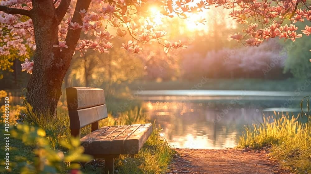 A peaceful sunset over a lake with a bench under a blooming magnolia tree.