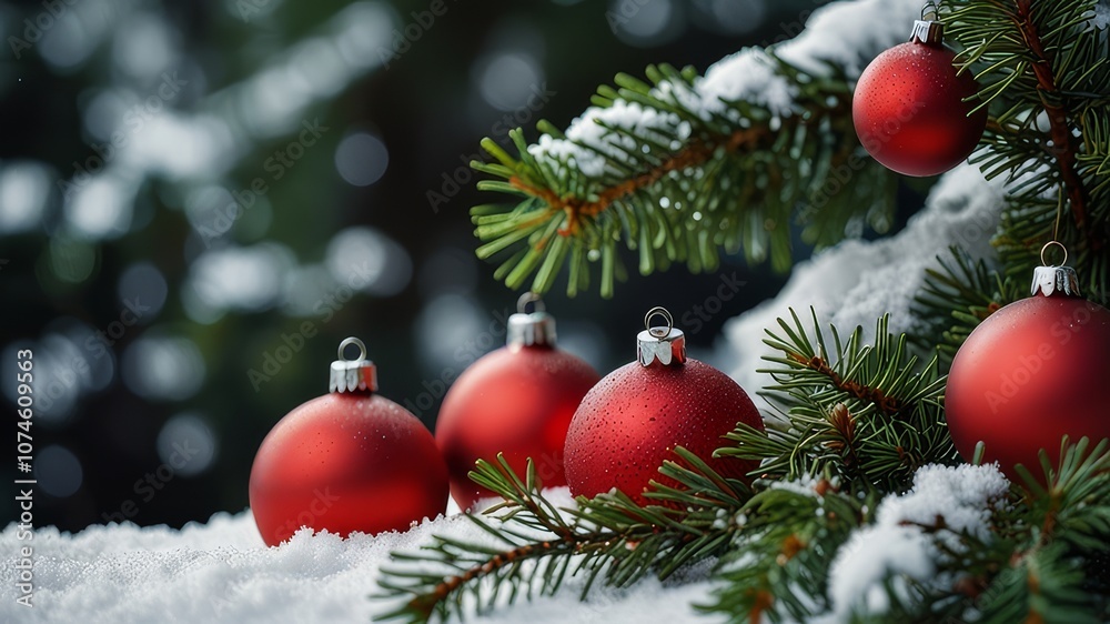 Christmas and new year holidays concept. Red balls on fir branches, winter snowy backdrop. festive winter season background. template for design. banner, copy space Christmas and new year holidays concept. Red balls on fir branches, winter snowy backdrop. festive winter season background. template for design. banner, copy space