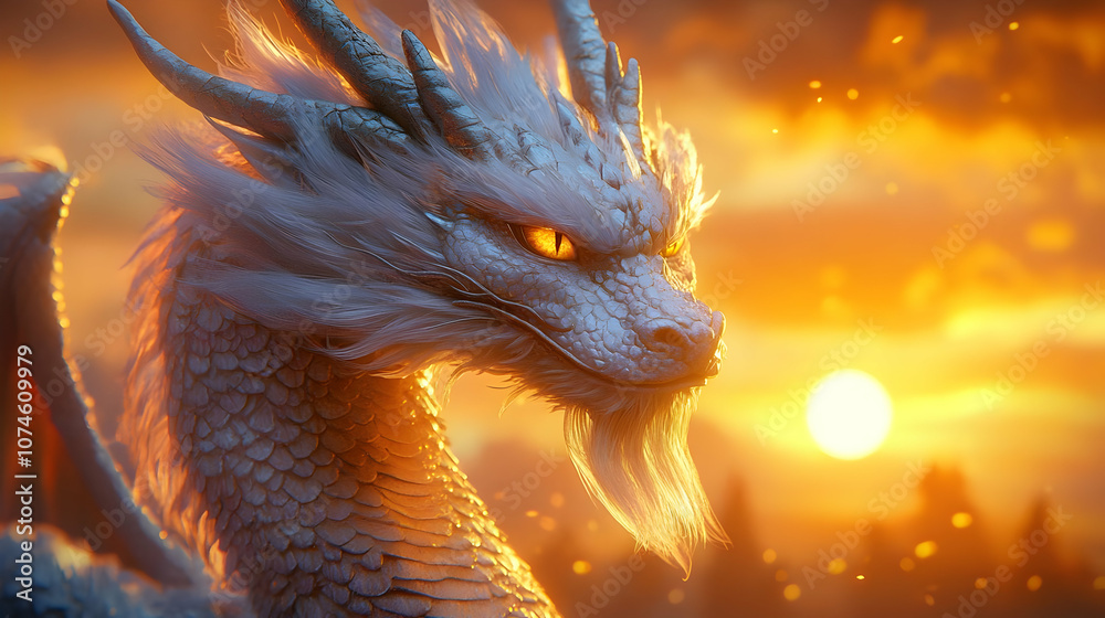 White Dragon in a Sunset Sky 3D Illustration White Dragon in a Sunset Sky 3D Illustration