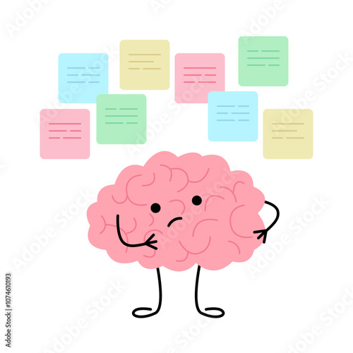 Brain think, brainstorm and multitasking, cute child character. Confused brain doubt over question, seek answer. Sticky with idea. Vector illustration