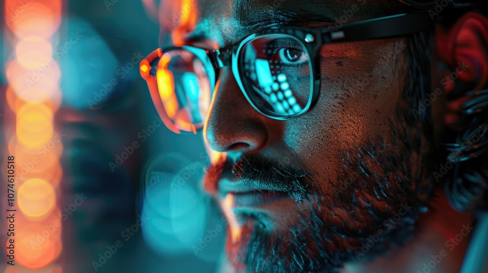 Intense Close-up Portrait of a Man with Reflective Glasses in Neon Light Intense Close-up Portrait of a Man with Reflective Glasses in Neon Light