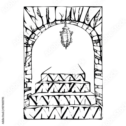 Patio garden arch opening portal with geometric azulejo wall tiles and stairs steps, hanging cast iron lantern. Hand drawn ink vector illustration. Isolated single element for travel, home yard decor