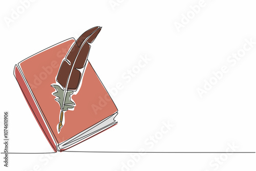 Continuous one line drawing quill in the middle of a closed book. Classic. Retro. Old school writing tools. Take notes. International Day of Education. Single line draw design vector illustration
