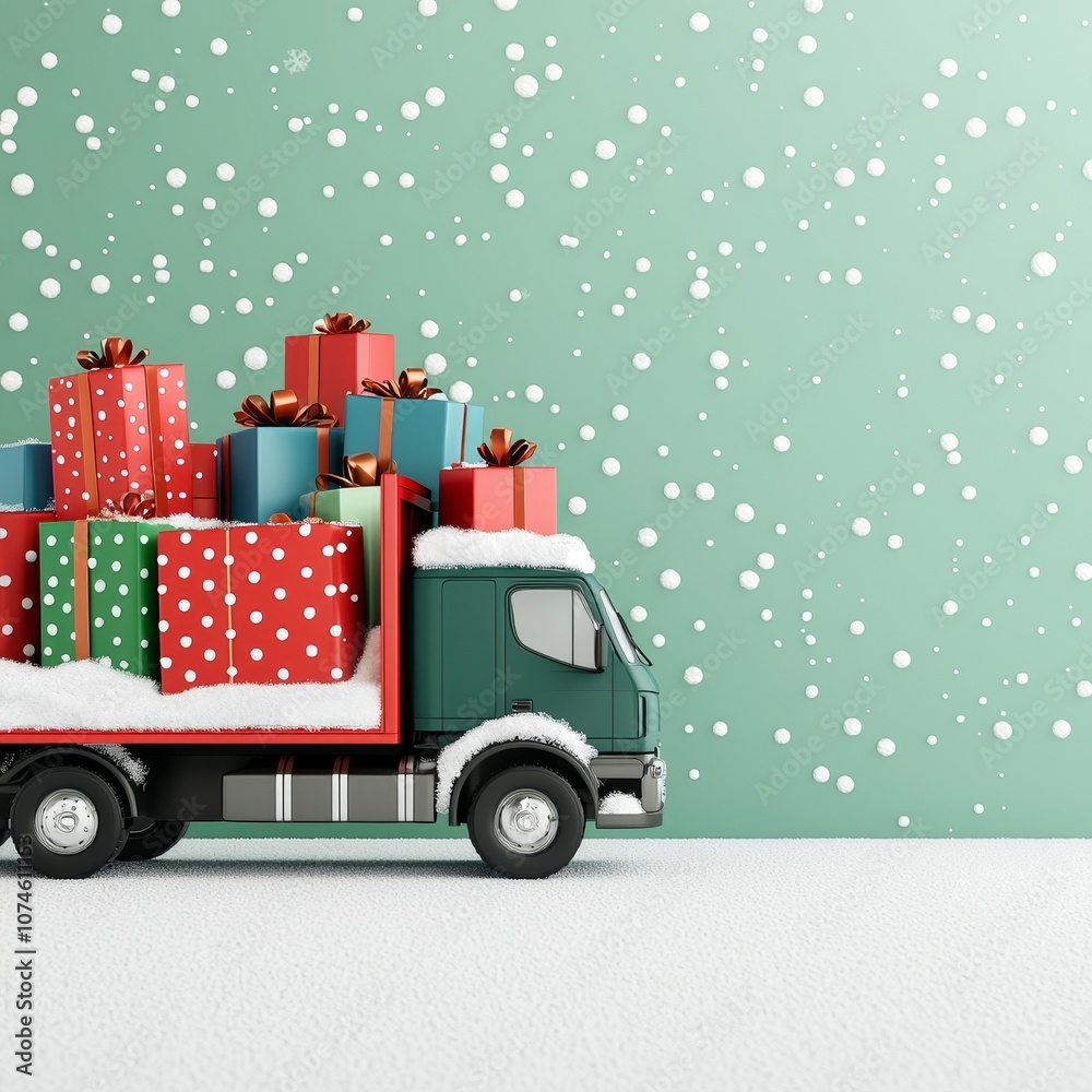 A festive truck loaded with colorful gift boxes against a mint green background, evoking a cheerful holiday spirit. A festive truck loaded with colorful gift boxes against a mint green background, evoking a cheerful holiday spirit.
