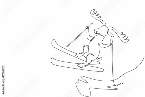 Single continuous line drawing moose skiing on snow mountain. Recreation. Holiday. Vacation. Best way to spend time in winter. Not staying at home. World Snow Day. One line design vector illustration