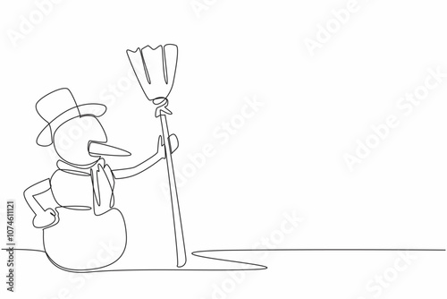 Continuous one line drawing snowman holding a broom. Games during the winter season. Happy. Full of joy. Snowy weather is always fun. Cold. World Snow Day. Single line draw design vector illustration
