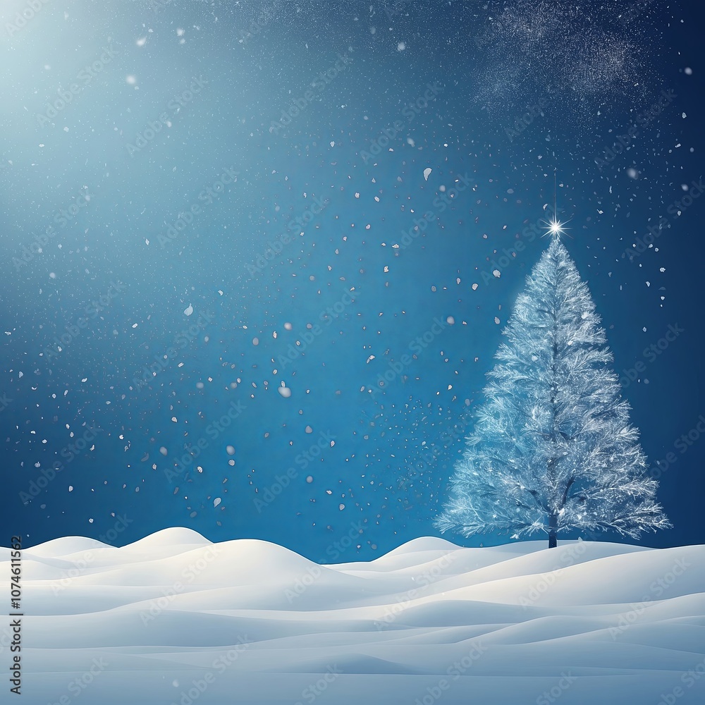 A snowy evening landscape featuring a illuminated Christmas tree under a starry sky A snowy evening landscape featuring a illuminated Christmas tree under a starry sky