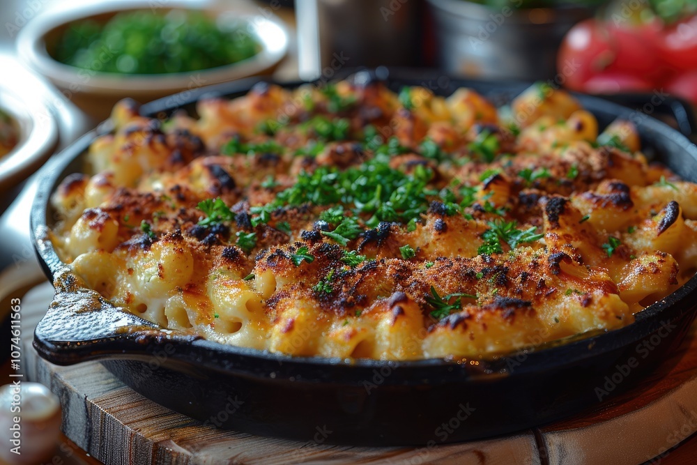 Close-up of Baked Macaroni and Cheese with Parsley Garnish Close-up of Baked Macaroni and Cheese with Parsley Garnish