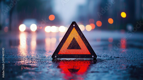 Closeup of reflective warning triangle on rainy pavement, illuminated by city lights, creating dramatic and cautionary scene