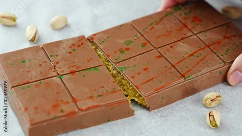 Trend Dubai chocolate with pistachio paste and kataifi dough in woman hands. Confectionery handmade sweets at home in the kitchen. 