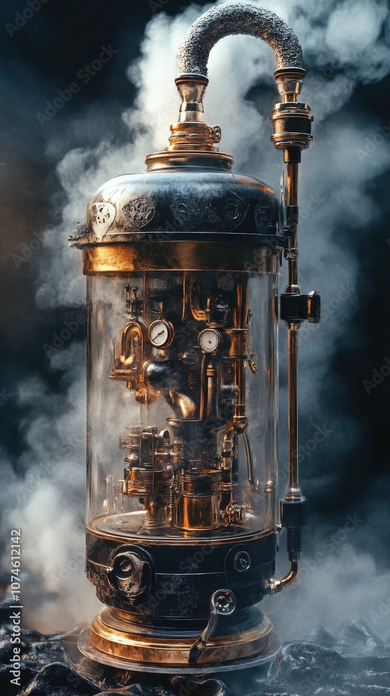 Naklejka premium An intricate steampunk device with brass detailing, emitting steam, showcasing vintage craftsmanship and innovative design.