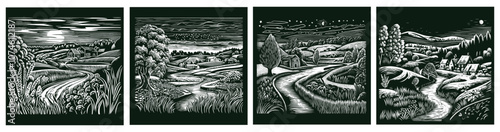 Village landscape posters set. Square composition. Green summer nature cards. Rural environment area tranquillity little houses river trees. Countryside with plants. Silhouette linocut style vector