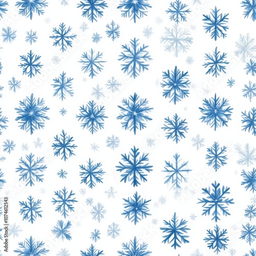 A repeating pattern of blue snowflakes on a white background, creating a winter-themed design that evokes feelings of cold and seasonal beauty.