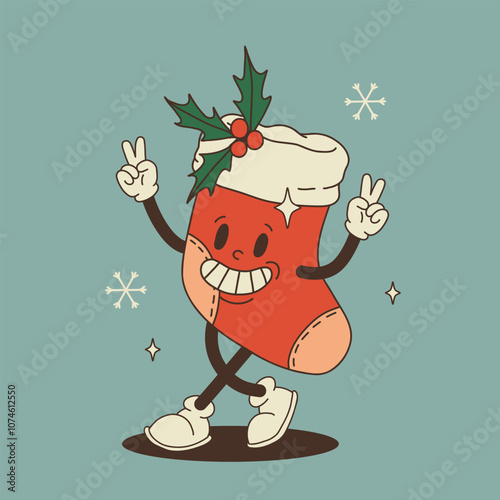 Christmas groovy foods and drinks design with coffee, hot cocoa, cookie, gingerbread, present, christmas tree in trendy retro cartoon style. Mascot Character in old 50s, 60s, 70s Vintage Style