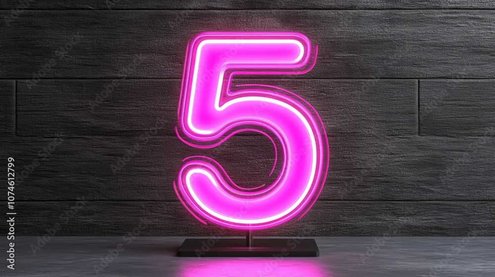 Pink Neon Glowing Number Five 5 On Metal Stand Against A Dark Wooden Background With Reflection Pink Neon Glowing Number Five 5 On Metal Stand Against A Dark Wooden Background With Reflection