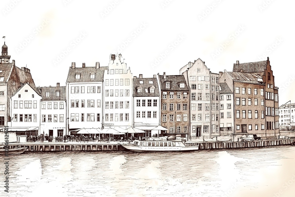 Obraz premium illustration or watercolor sketch. Traditional old architecture in Prague in the Czech Republic. European architecture. 