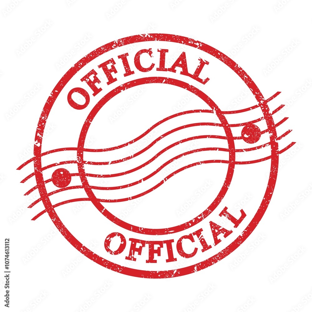 OFFICIAL, text written on red postal stamp. OFFICIAL, text written on red postal stamp.