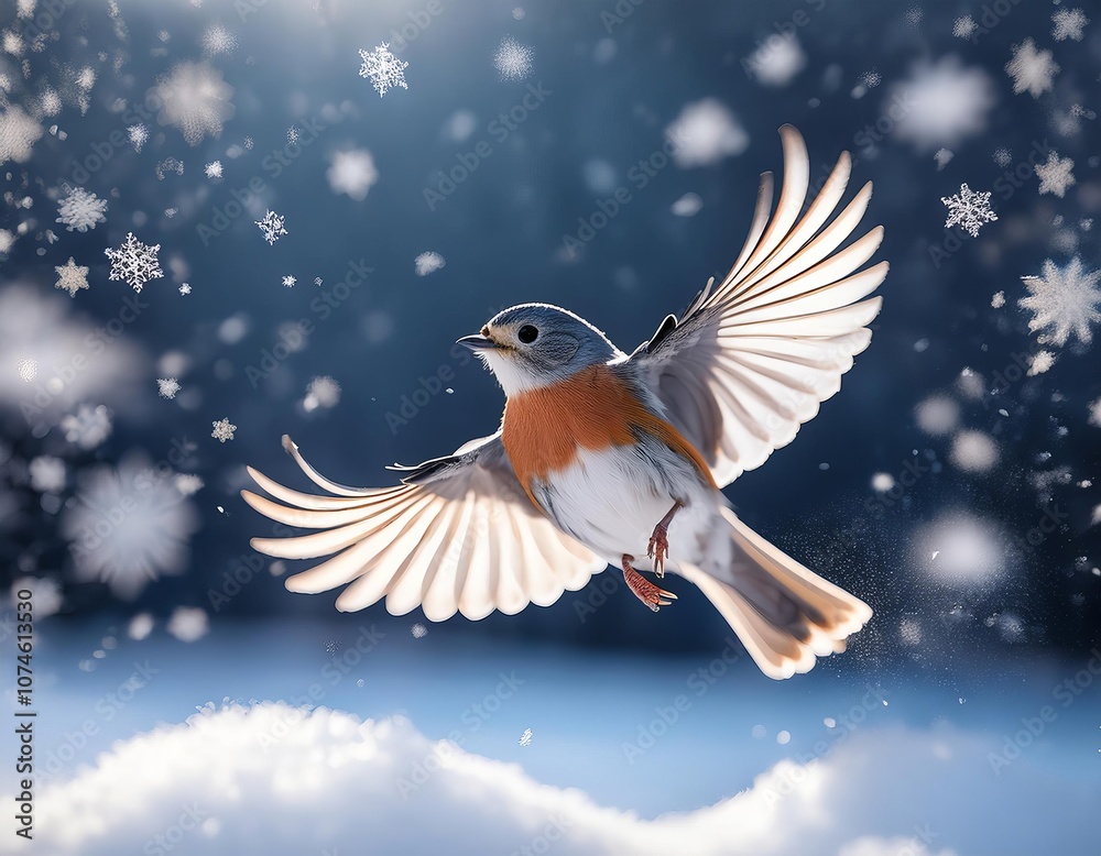 Obraz premium Small bird flying in snowing winter wonderland