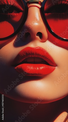 Close-up of a glamorous woman with bold red lips and stylish sunglasses, exuding confidence and elegance in a vibrant setting.