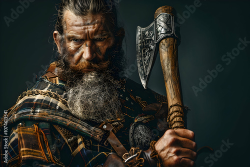pensive medieval Scottish warrior with battle axe isolated on black photo