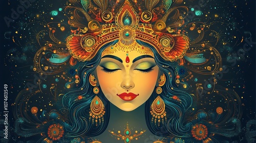 Celebrating the Indian religious festival of Maa Durga, featuring a design with the face of Goddess Durga, for Pooja and Navratri, ideal for a banner or card.