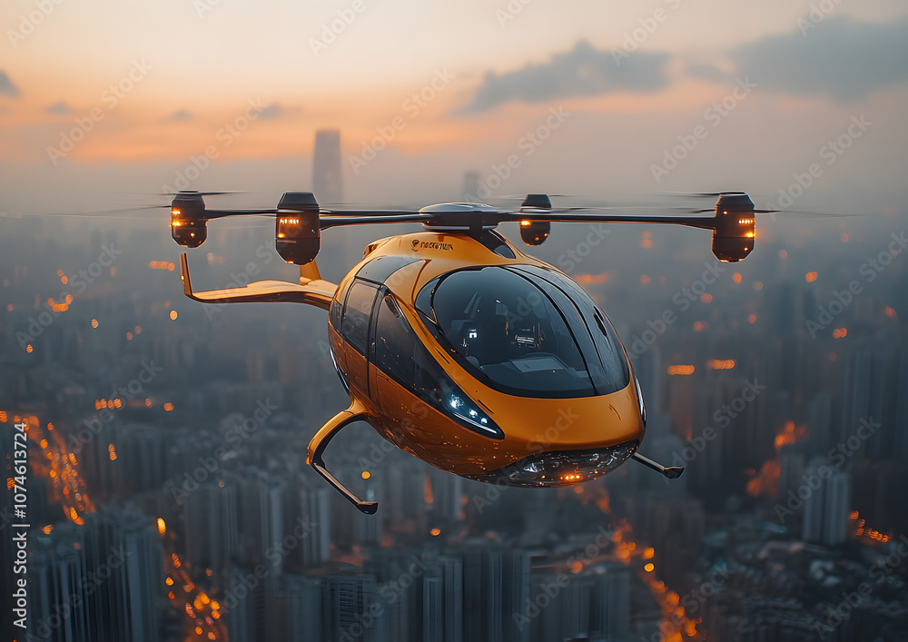 Futuristic e-VTOL helicopter with four propeller blades flying in the sky, representing innovation in urban air mobility
Futuristic e-VTOL helicopter with four propeller blades flying in the sky, representing innovation in urban air mobility