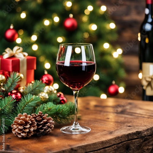 a glass of wine sits on a table with a christmas tree in the background photo