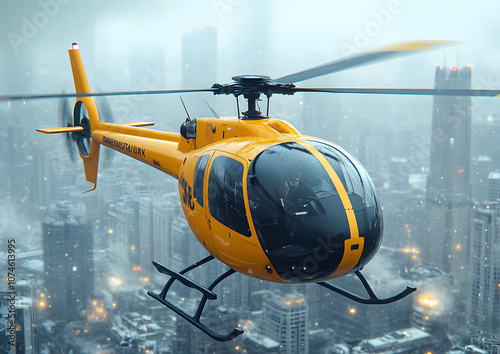 Futuristic e-VTOL helicopter with four propeller blades flying in the sky, representing innovation in urban air mobility
 photo