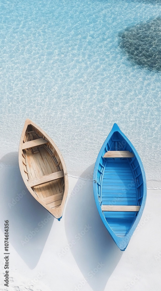 A wooden boat and a blue boat rest on the white sand beach, surrounded by clear turquoise water. The boats are empty, waiting for their next adventure A wooden boat and a blue boat rest on the white sand beach, surrounded by clear turquoise water. The boats are empty, waiting for their next adventure