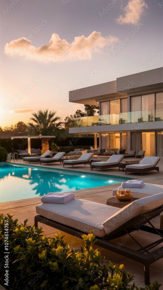 An elegant overwater villa with lounge chairs on the terrace, offering breathtaking views of the surrounding landscape. An elegant overwater villa with lounge chairs on the terrace, offering breathtaking views of the surrounding landscape.