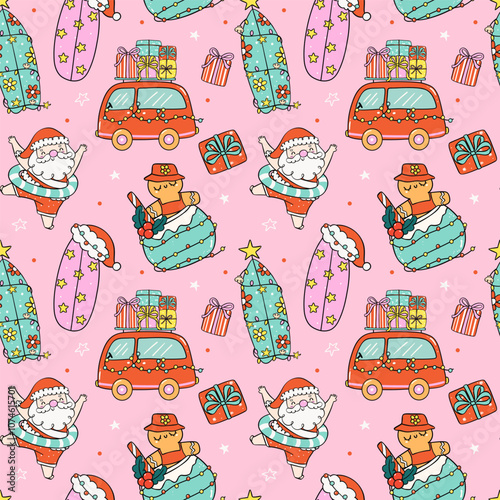 Pattern Seamless Groovy Christmas Summer Santa beach and car cartoon doodle isolated on background.