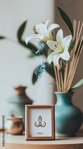 An empty scene featuring blank mockup template on a simple altar with incense, a small framed 