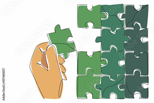 Single continuous line drawing hand holding puzzle pieces and beside it is a large puzzle. Complementary pieces. Become an image. Perfect. National Puzzle Day. One line design vector illustration