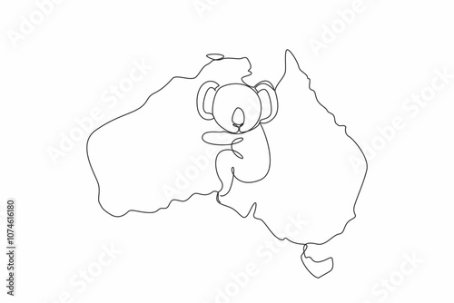 Single one line drawing koala animal in middle of map of the Australian continent. Aussie signature animal. Thick fur. Loves trees very much. Australia Day. Continuous line design graphic illustration