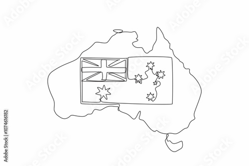 Single continuous line drawing Australian flag in the middle of the map of Australian continent. Annual celebration. Festive festival. The splendor. Australia Day. One line design vector illustration