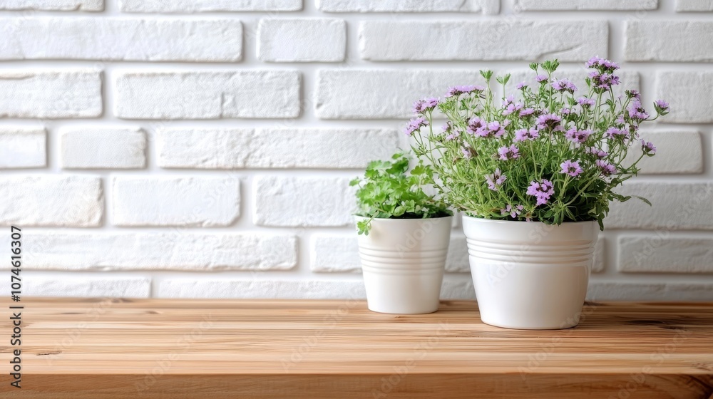 Fototapeta premium Purple flowers and green herb in white flower pots on a wooden table against a white brick wall