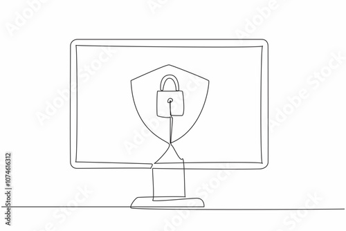 Single one line drawing shield and padlock in the middle of the computer monitor. Computer use two security systems. Protecting. Secure. Data Privacy Day. Continuous line design graphic illustration