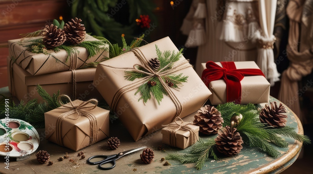 Handcrafted Christmas presents wrapped with twine, pine cones, and fir branches, arranged on a rustic table alongside scissors and paint palette. Handcrafted Christmas presents wrapped with twine, pine cones, and fir branches, arranged on a rustic table alongside scissors and paint palette.