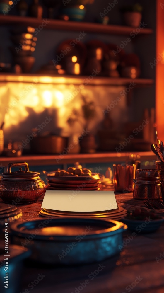 An empty scene featuring blank mockup template on a community kitchen table with pots and dishes arranged for a communal meal, reflecting the An empty scene featuring blank mockup template on a community kitchen table with pots and dishes arranged for a communal meal, reflecting the