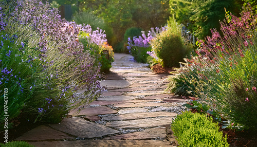 Herb Garden Pathway with Herbs Planted Along Walkway Edges photo