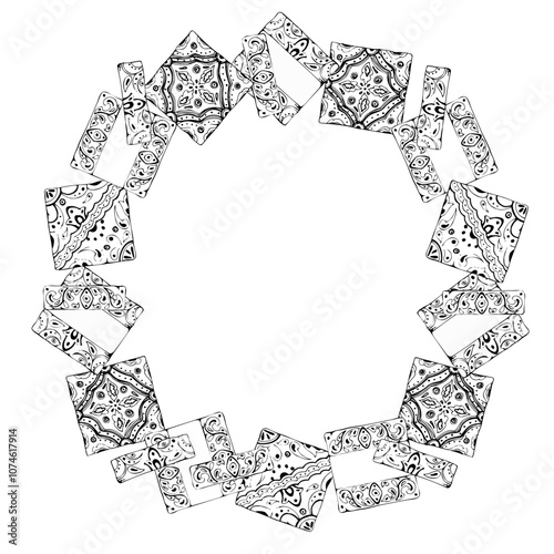 Mexican Arabic Mediterranean Moroccan mosaic motif, azulejo wall floor glazed tile ornament. Isolated round wreath frame. Hand drawn ink vector illustration. Design brochure, home decor architecture
