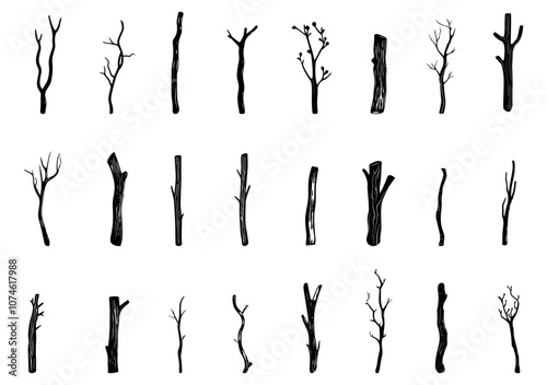 Wooden sticks black icons set. Dry wood tree branches. Rustic decorative natural botanical twig design elements. Black and white simple flat style. Isolated vector on white background