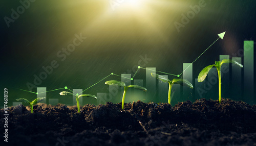 Concept of business growth,profit, development and success. Young plants increase on sunny background.Growing money,finance and investment.	
