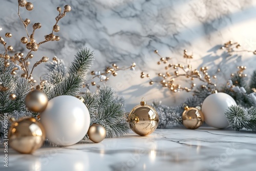 3D illustration of a white and silver Christmas scene adorned with ornaments and festive decorations.