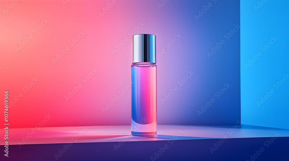 Glass Bottle with Silver Cap on Blue and Pink Background Illustration Glass Bottle with Silver Cap on Blue and Pink Background Illustration