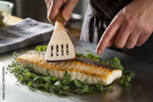 A close-up perspective of a chef's hand skillfully preparing food, showcasing intricate movements as fresh ingredients are expertly chopped and arranged on a cutting board. photo